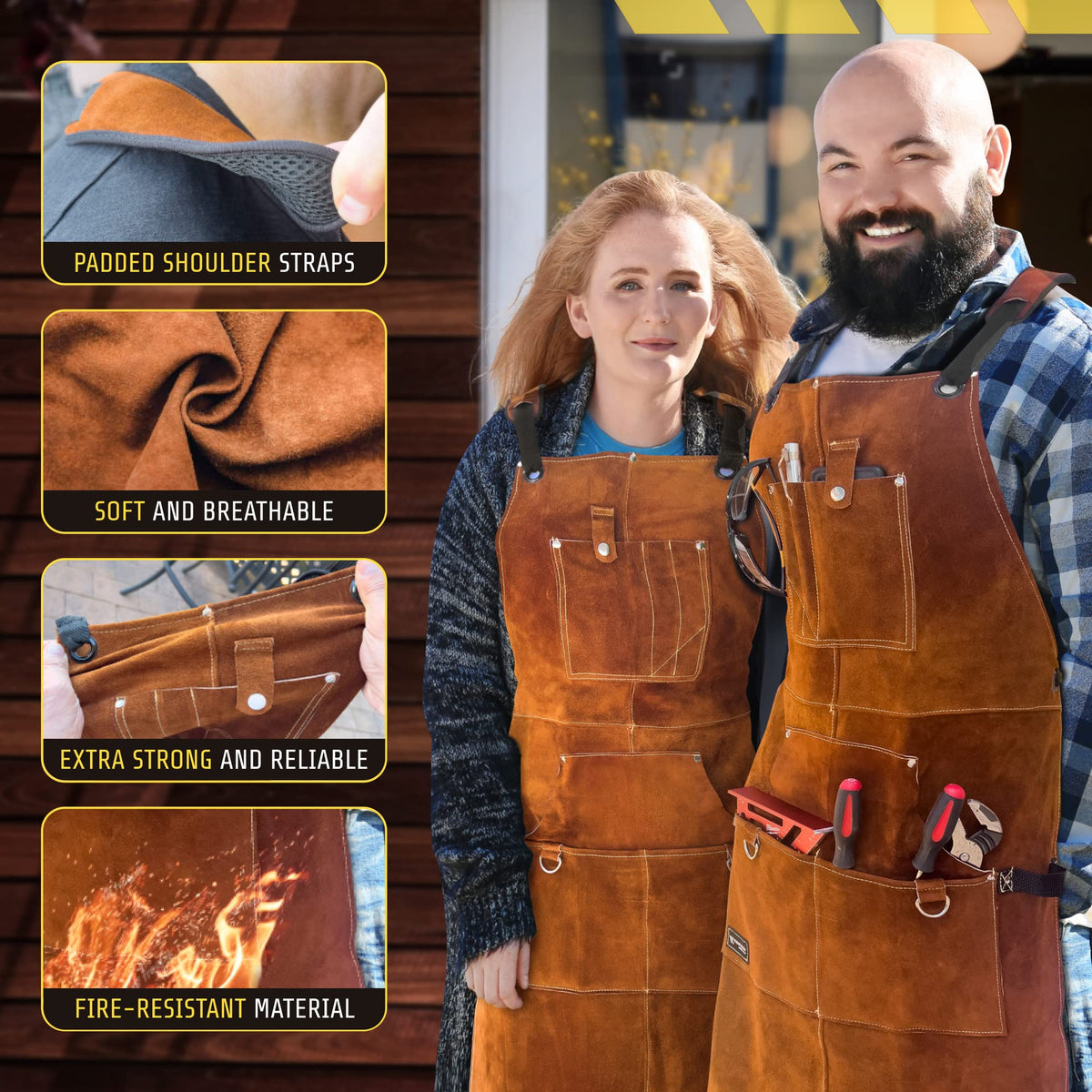 FIGHTECH leather welding apron cross-back straps reduce fatigue during long sessions.