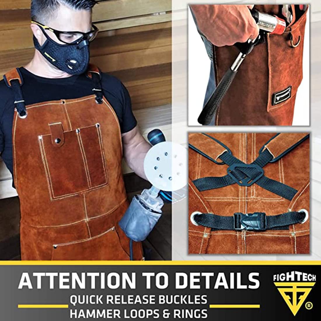 FIGHTECH leather welding apron deep pockets store pliers, tape, and phones.