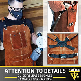 FIGHTECH leather welding apron deep pockets store pliers, tape, and phones.
