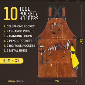 FIGHTECH leather welding apron hanging loop keeps gear organized between tasks.