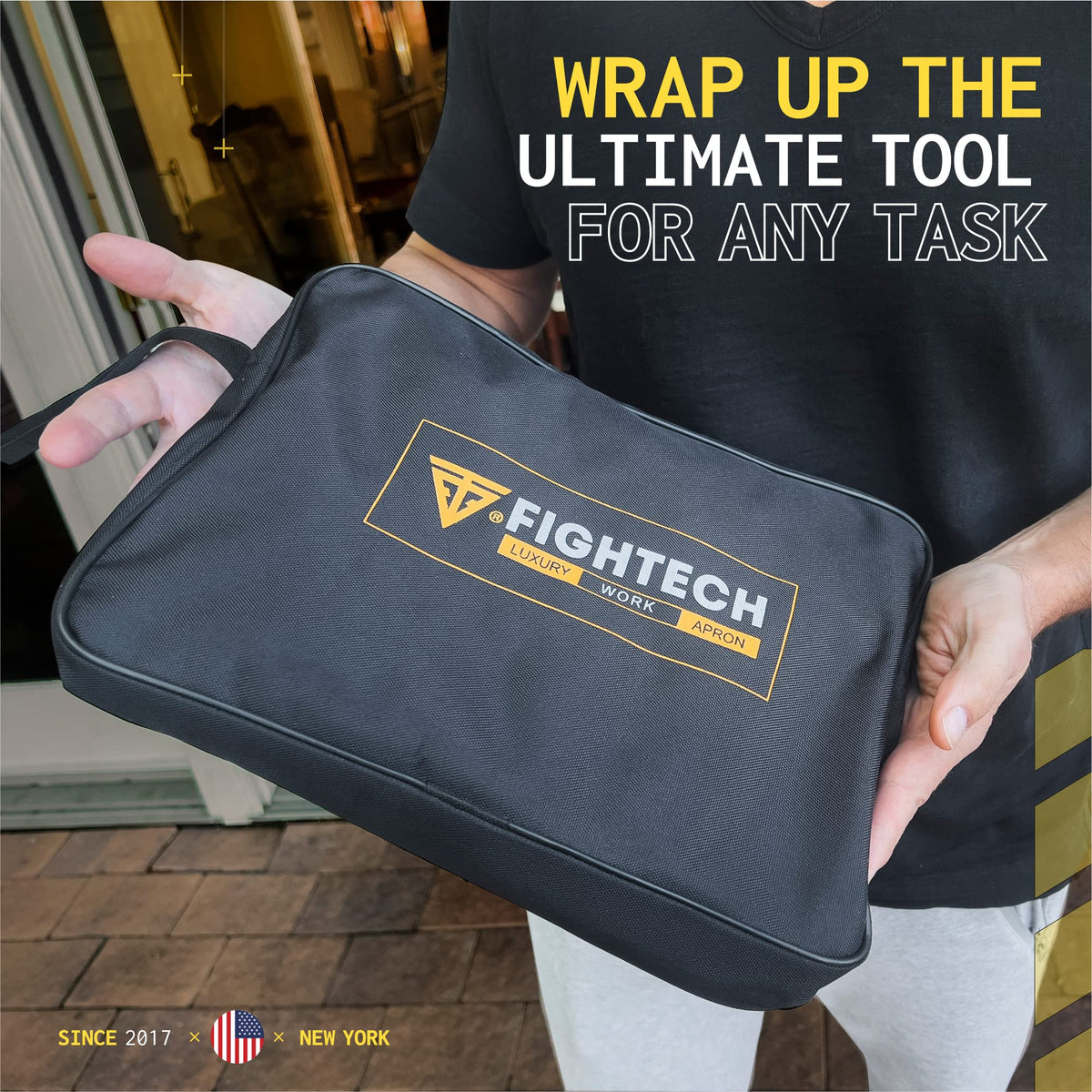 FIGHTECH leather welding apron includes tool loops and flaps for easy access.