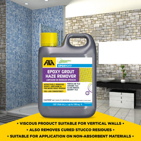 FILA EpoxyOFF bottle demonstrates gel application on glass mosaic surface.