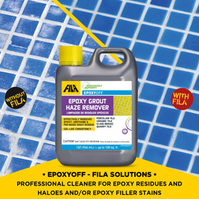 FILA EpoxyOFF gel clings to porcelain tile to lift epoxy haze.