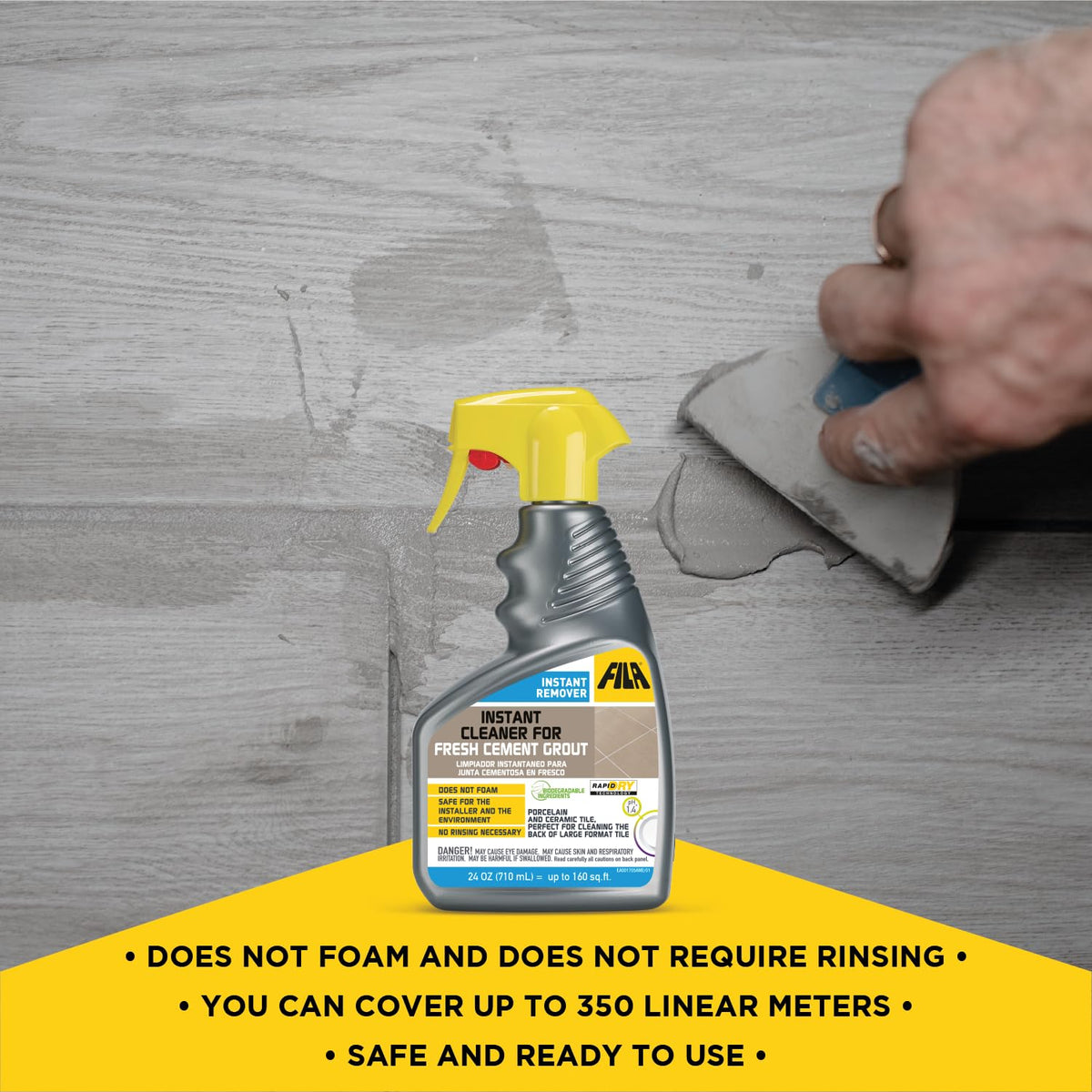 FILA Instant Remover rapid dry technology speeds grout haze cleanup.
