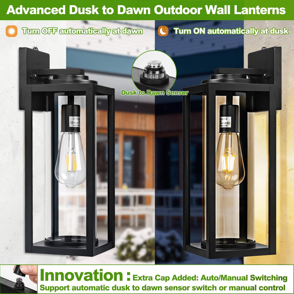 FILIYANO matte black lantern with glass panes enhances entry visibility and style.