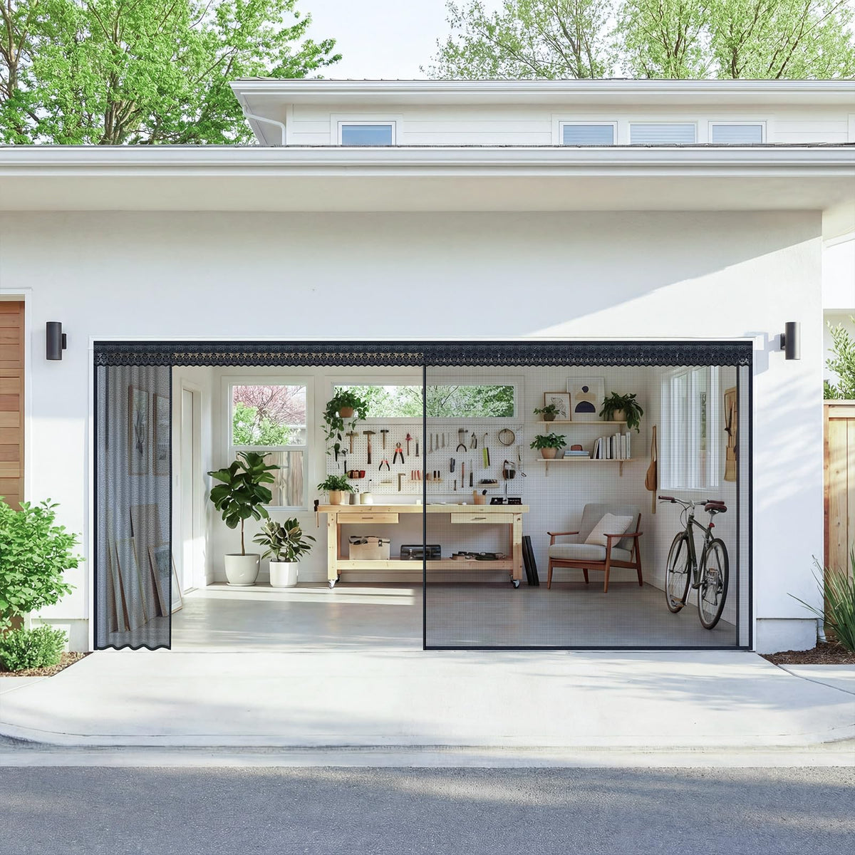 Fillis sliding track system for 16x7 ft garage screen enables smooth, full-width access.
