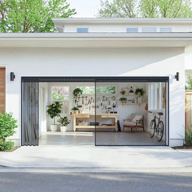 Fillis sliding track system for 16x7 ft garage screen enables smooth, full-width access.