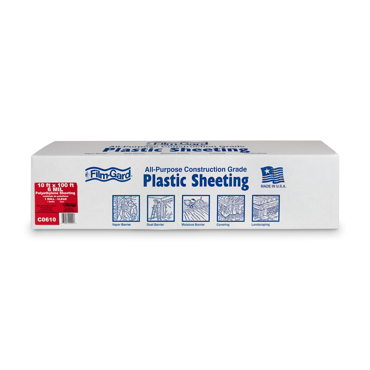 Film-Gard 626033 construction plastic sheeting roll protects large areas from moisture and dust.