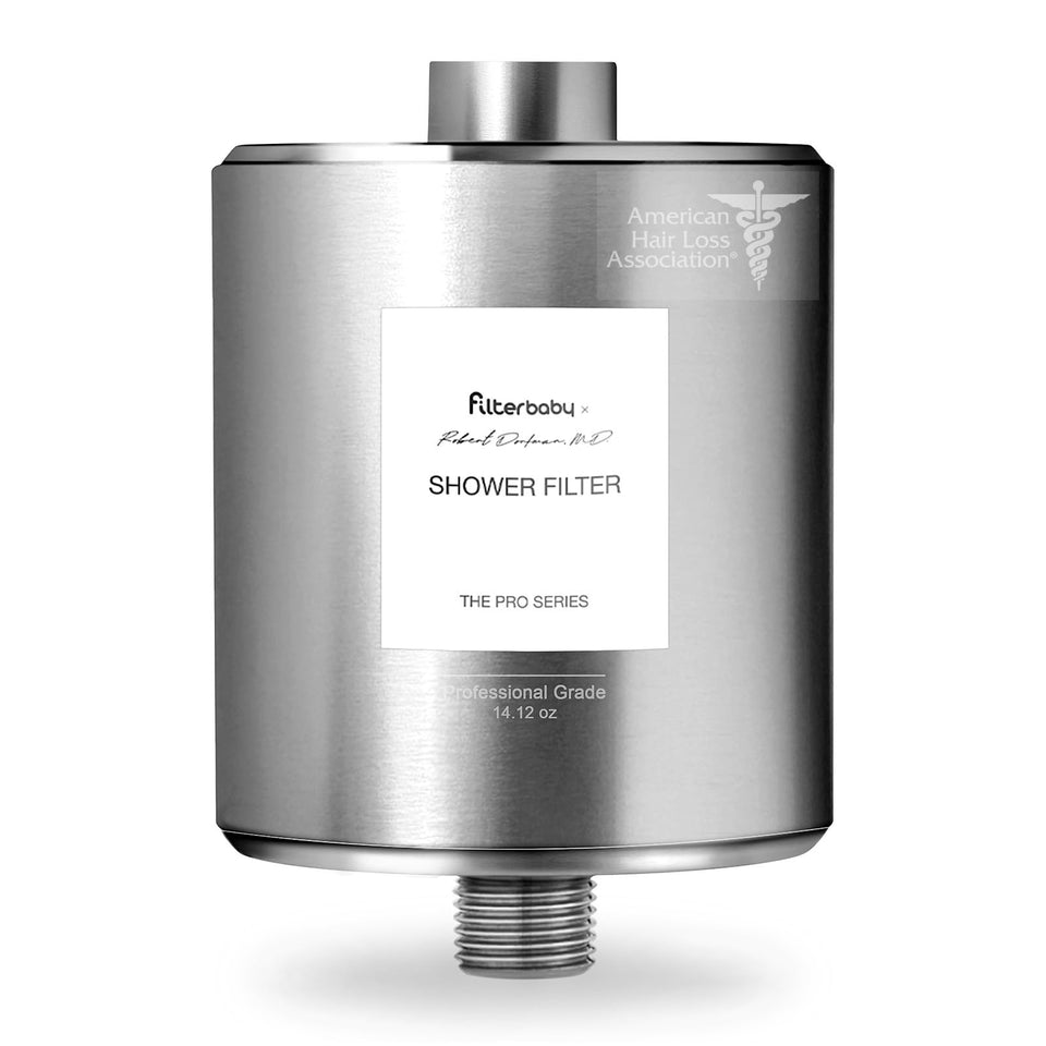 Filterbaby All-Metal Shower Filter Pro front view in chrome reduces chlorine exposure for skin care.
