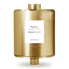 Filterbaby All-Metal Shower Filter Pro housing closeup shows durable construction.