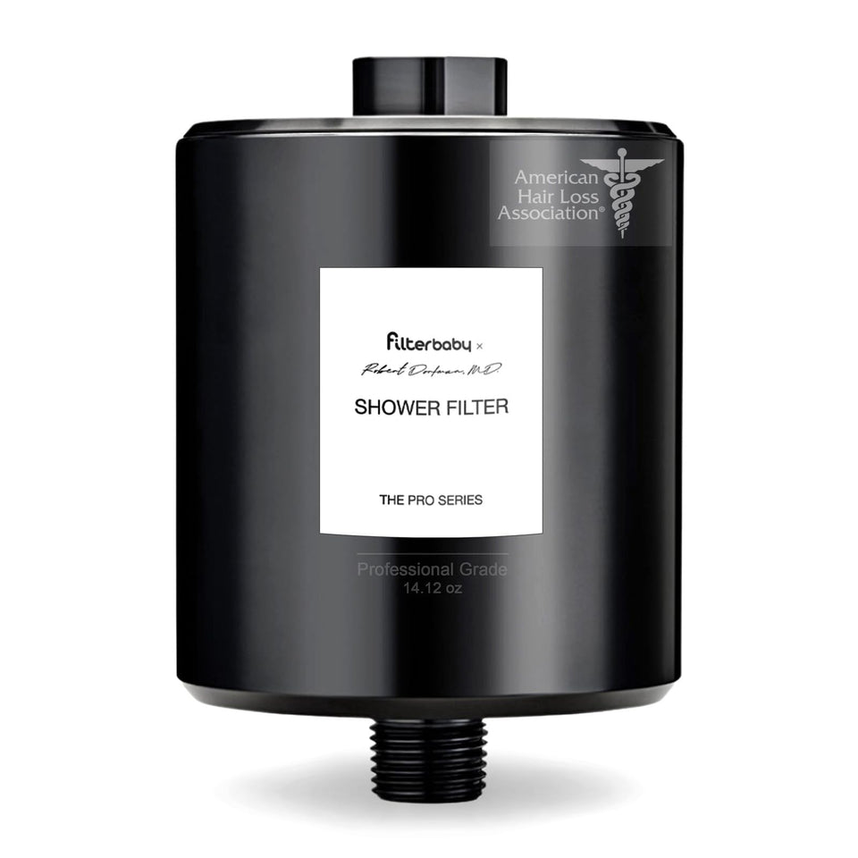 Filterbaby All-Metal Shower Filter Pro installed on shower head reduces chlorine for smoother skin