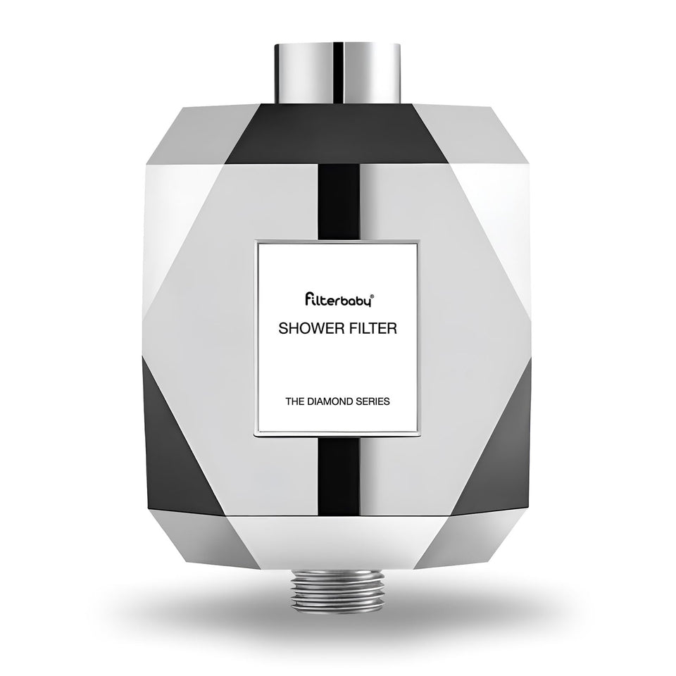 Filterbaby Diamond Shower Filter with chrome finish reduces chlorine for smoother skin