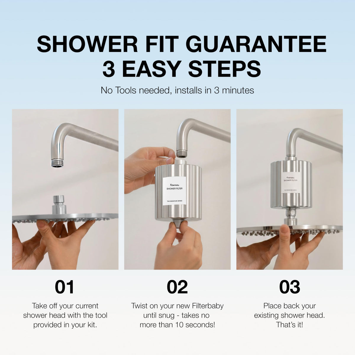 Filterbaby Signature Shower Filter Chrome replacement shown for upkeep