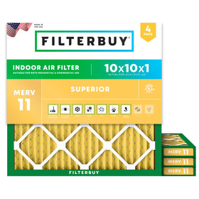 Filterbuy 10x10x1 four-pack front view for easy replacement and universal compatibility.