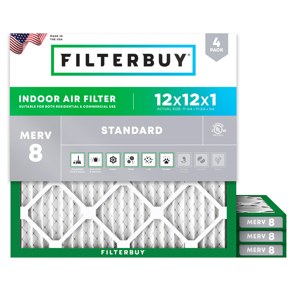 Filterbuy 12x12x1 air filter four-pack boxed front for easy replacement