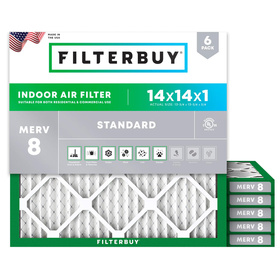 Filterbuy 14x14x1 air filter front view emphasizes easy fit and durable construction for hassle-free replacement