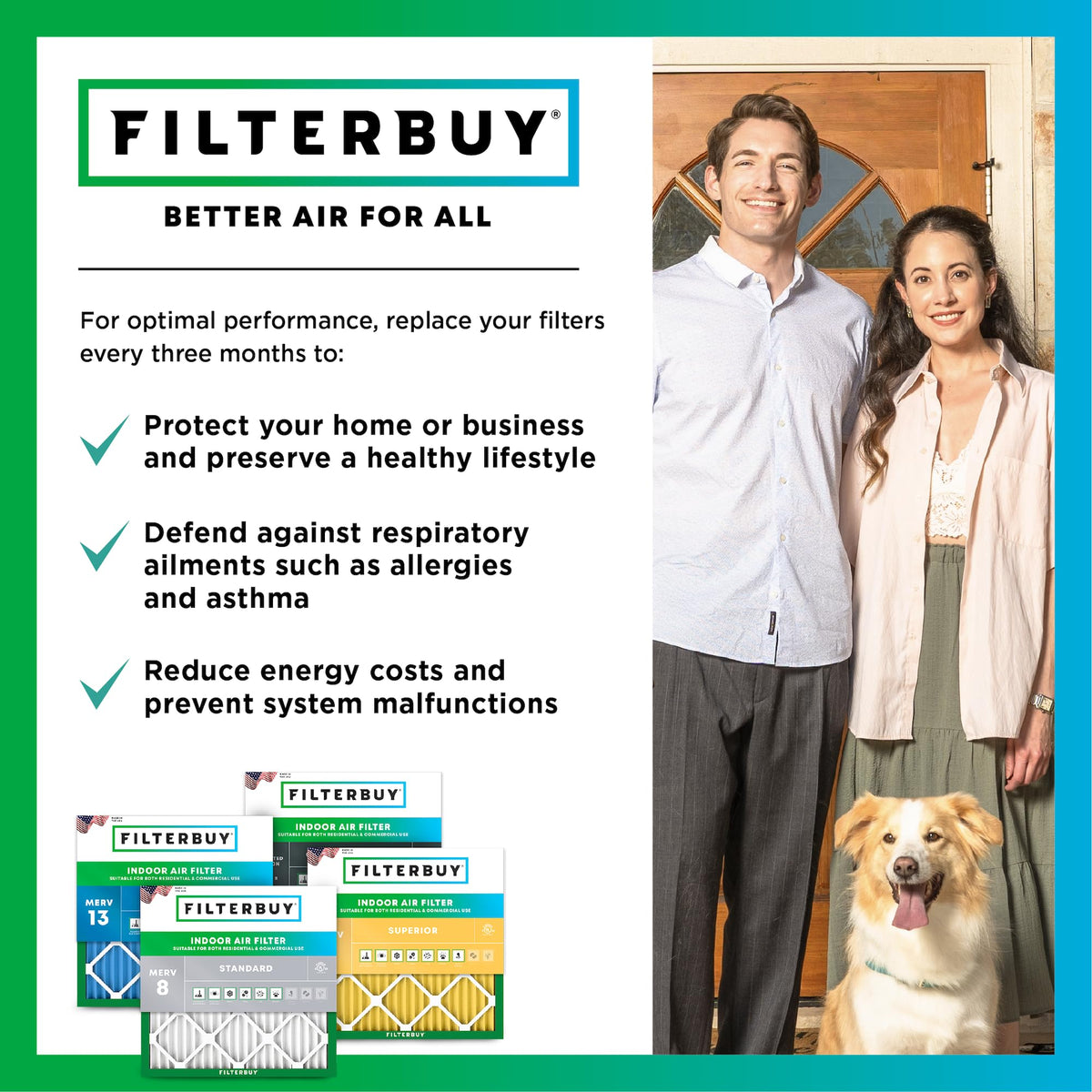Filterbuy allergen defense concept showing cleaner air for households.