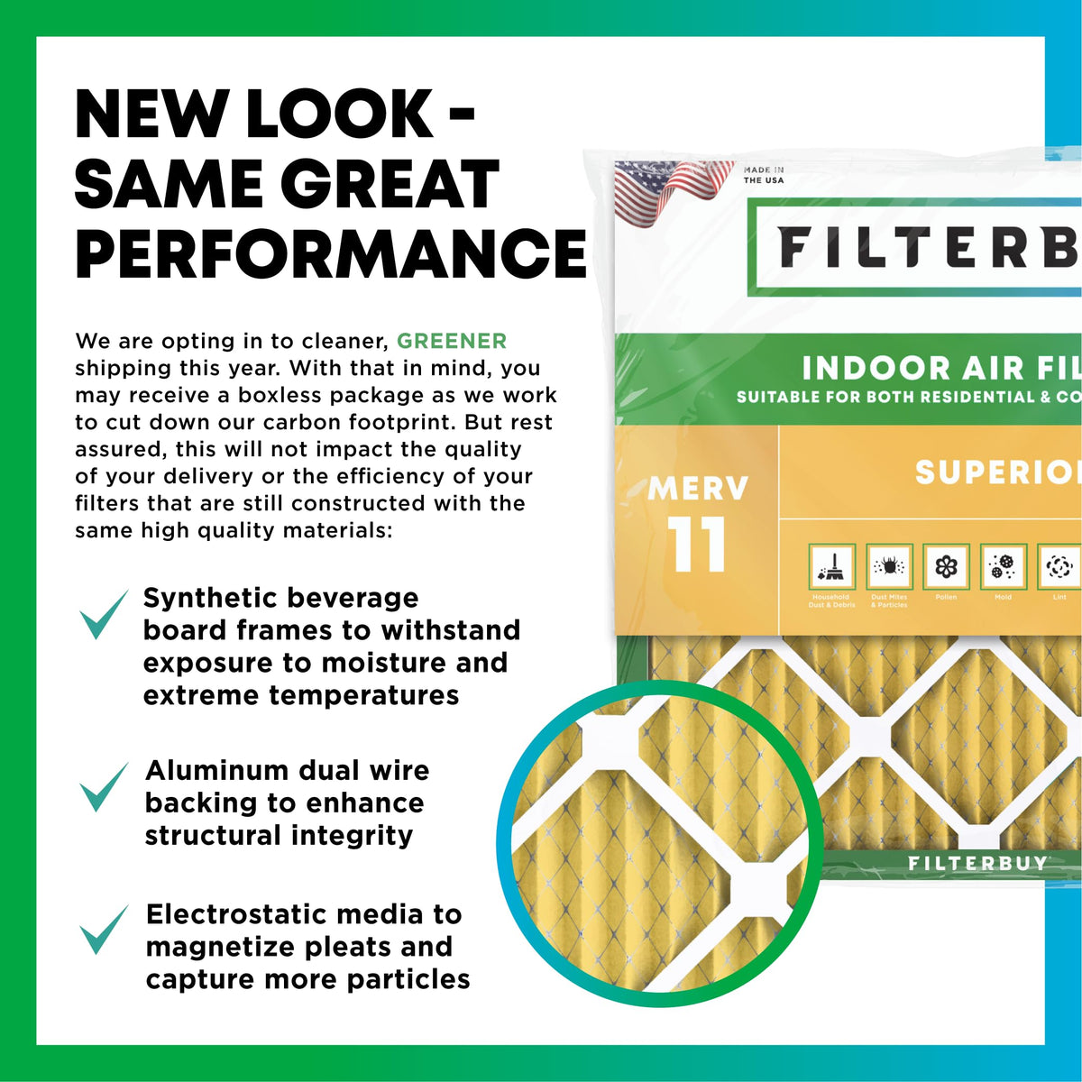 Filterbuy pleated frame with dual wire back for durable installation.