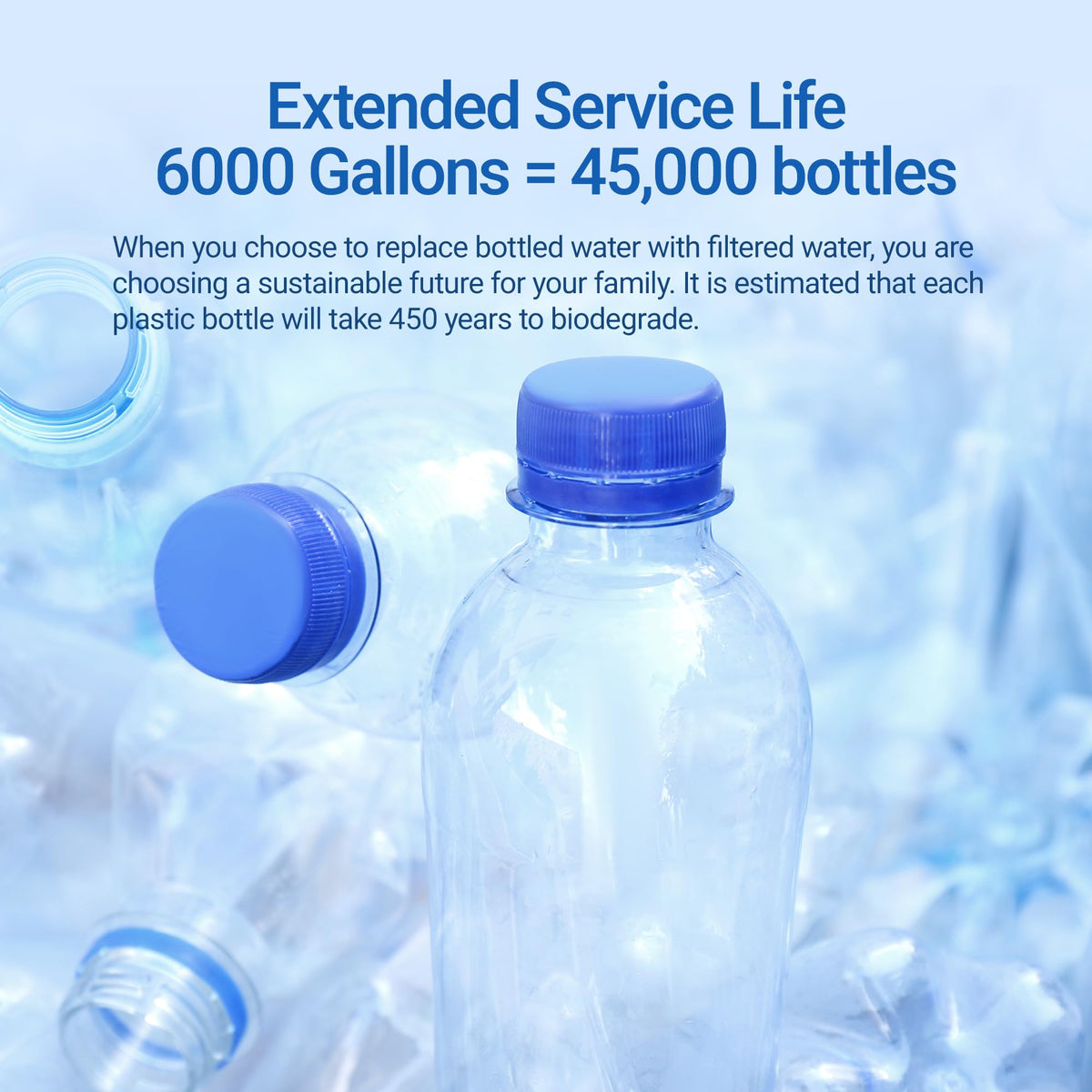 Filterlogic water-saving note shows replacement economy of gallons and bottles
