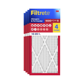 Filtrete 10x20x1 filter pack with four filters for cleaner indoor air.