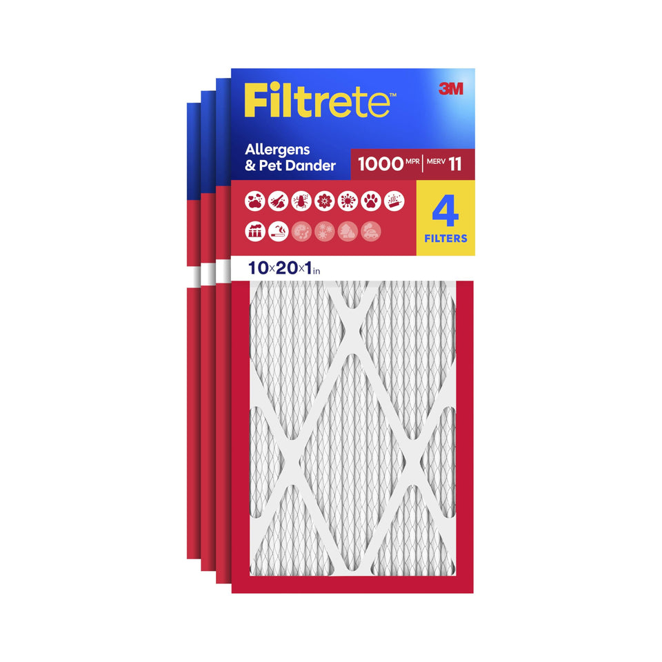 Filtrete 10x20x1 filter pack with four filters for cleaner indoor air.