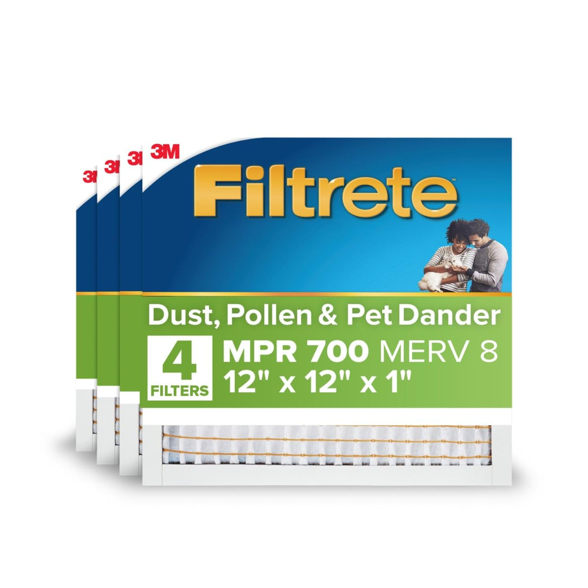 Filtrete 12x12x1 filter packaging highlighting MPR 700 and four-pack offer