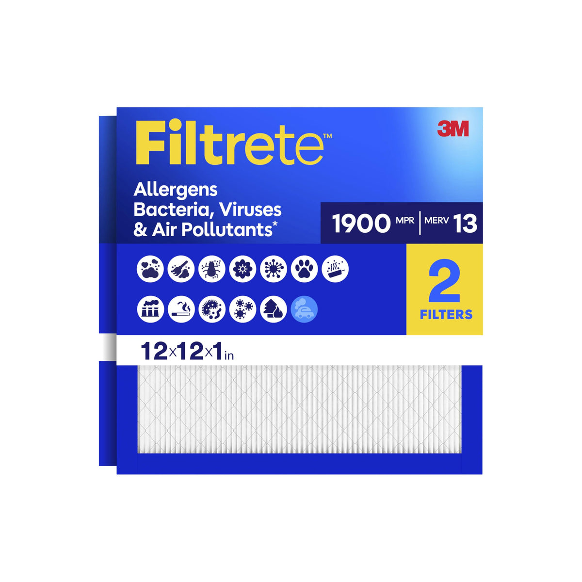 Filtrete 12x12x1 air filter front packaging highlights MERV 13 performance for cleaner indoor air