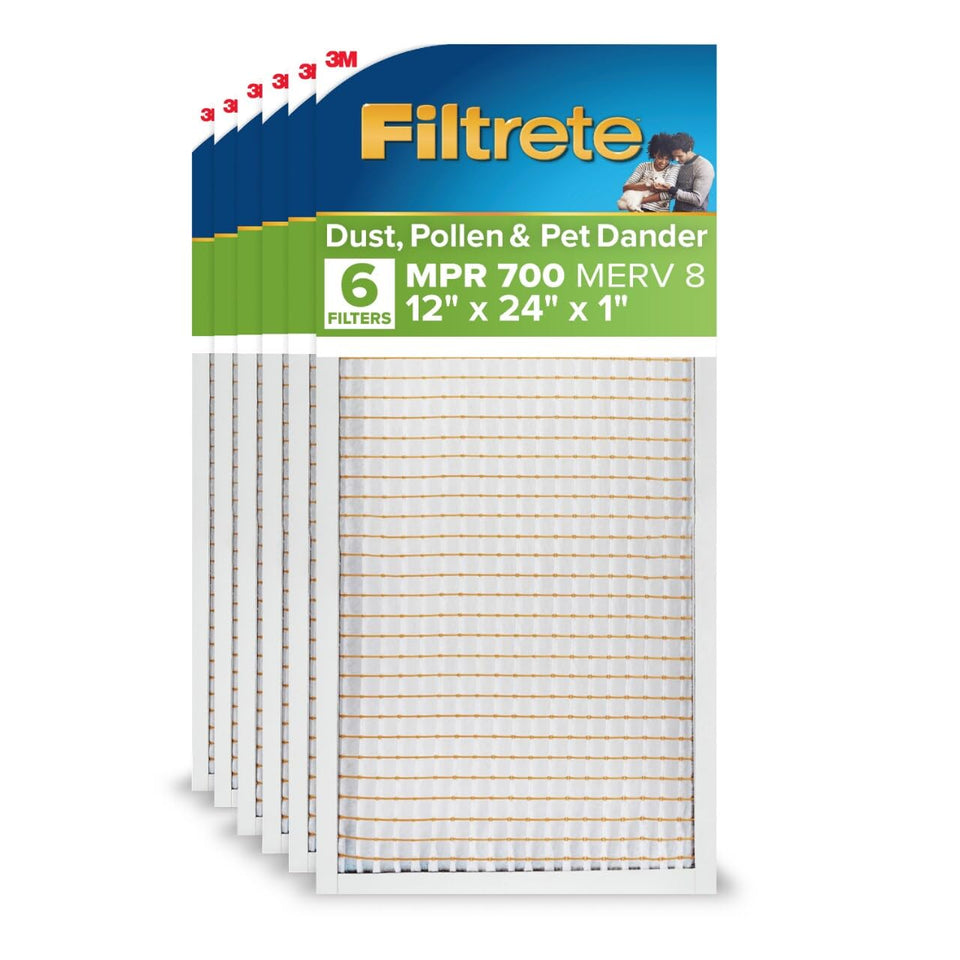 Filtrete 12x24x1 filter pack with six units for convenient replacement.