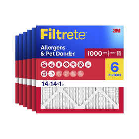 Filtrete 14x14x1 packaging showing six-pack for cleaner air and easy replacements.