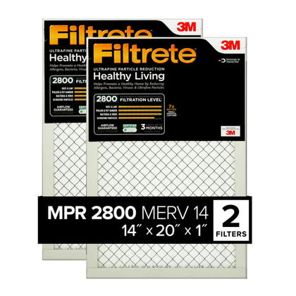 Filtrete 14x20x1 air filter close-up showing high MPR 2800 performance for cleaner air.