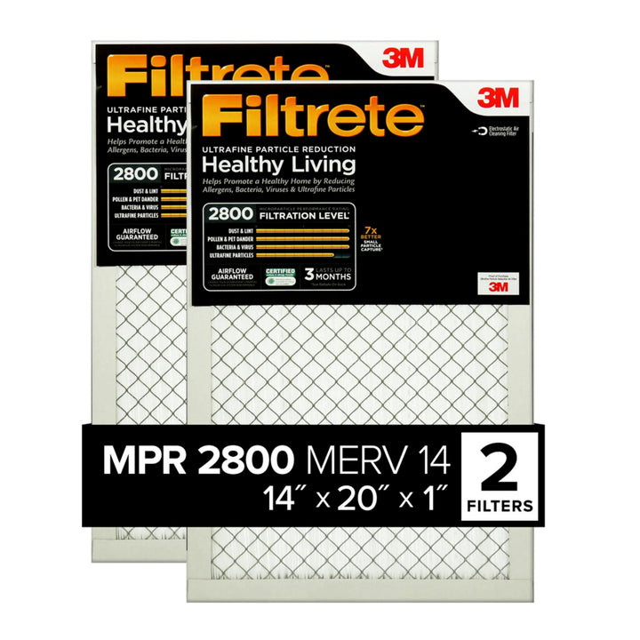 Filtrete 14x20x1 air filter close-up showing high MPR 2800 performance for cleaner air.