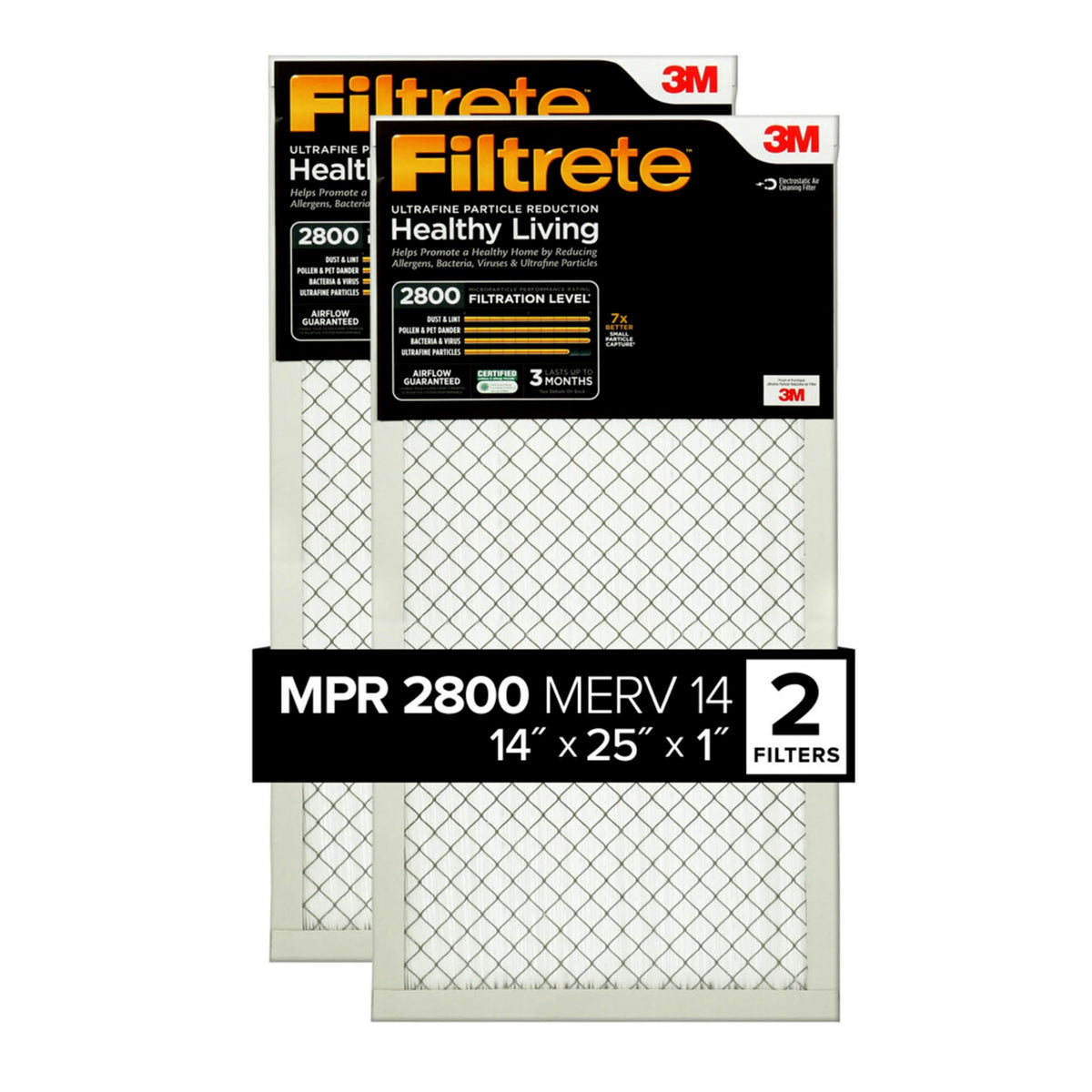 Filtrete 14x25x1 filter pack with MPR 2800 captures fine particles for cleaner indoor air.