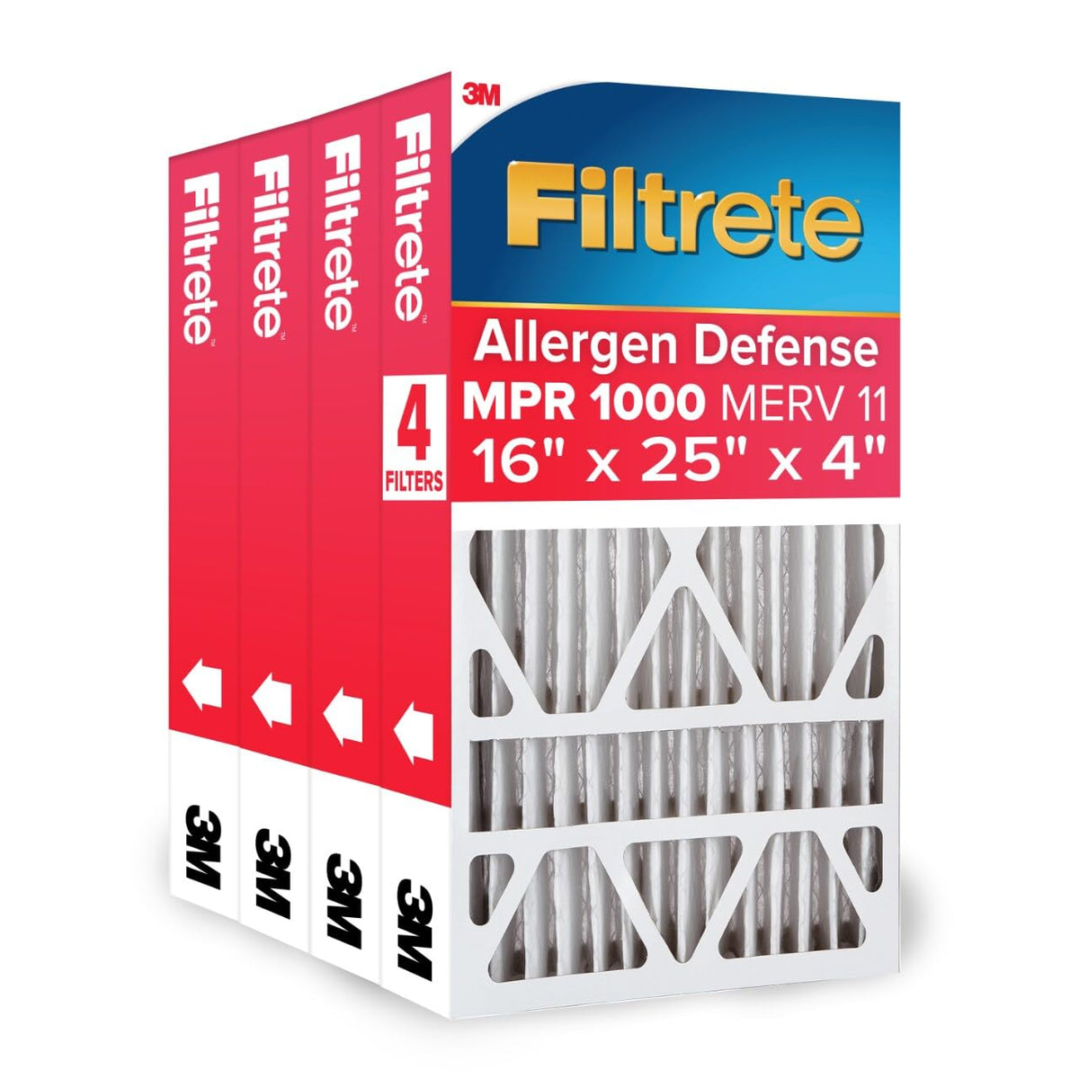 Filtrete 4-pack front view highlights MERV 11 and MPR 1000 performance