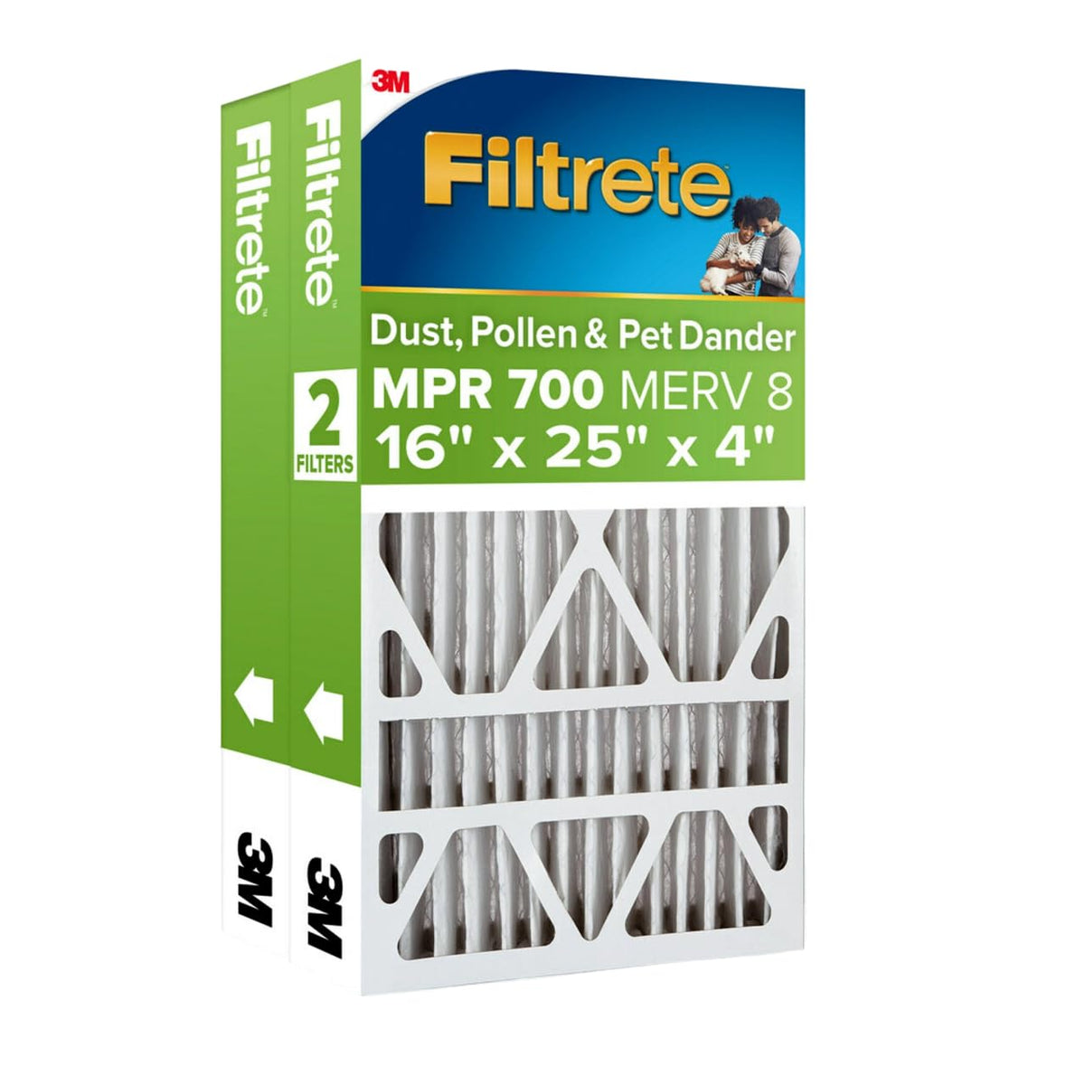 Filtrete 16x25x4 filter closeup showing pleated design for dust capture.