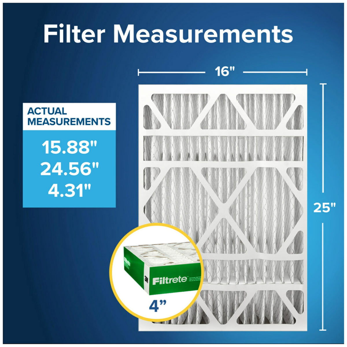 Filtrete 16x25x4 filter pack on shelf for easy replacement.