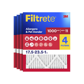 Filtrete 17-5x23-5x1 air filter packaging shows a four-pack for cleaner indoor air.