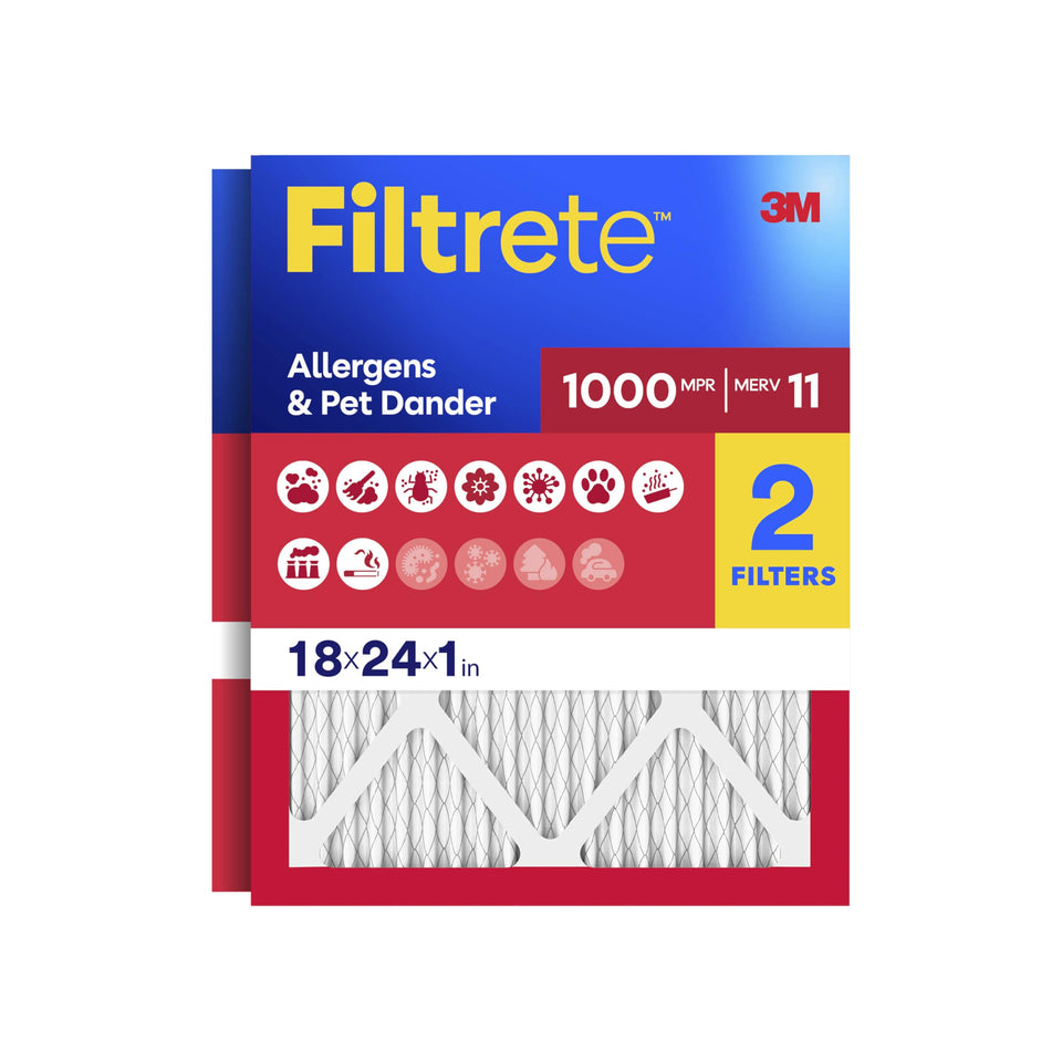 Filtrete 18x24x1 front view shows MERV 11 and MPR 1000 filtration benefits