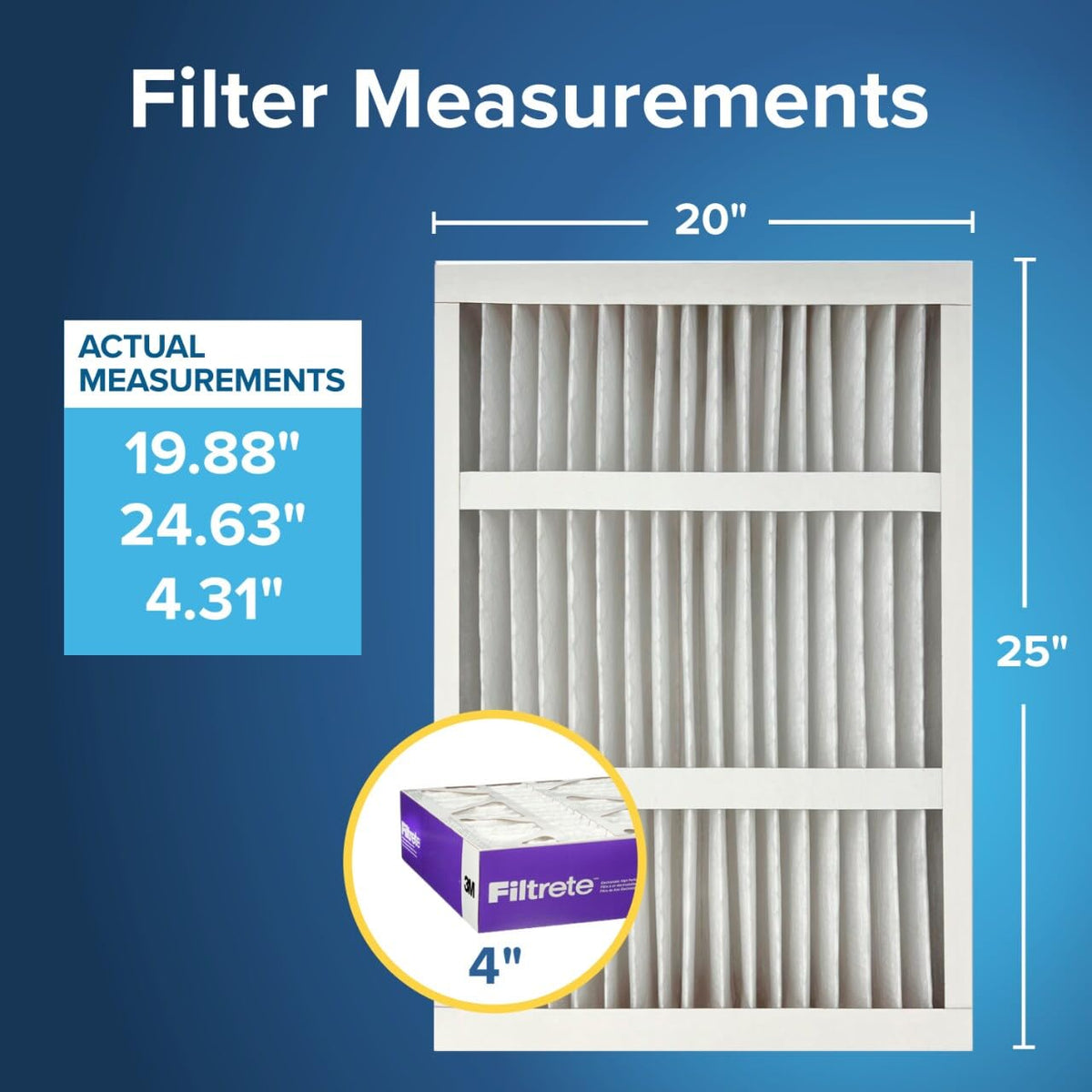 Filtrete 20x25x4 actual size label shows precise dimensions for proper fit