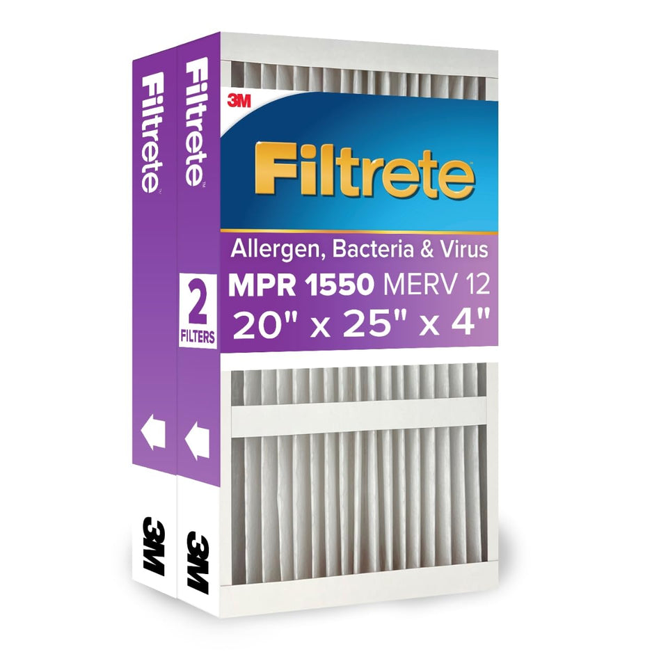 Filtrete 20x25x4 packaging with label highlighting MERV 12 and MPR 1550 efficiency