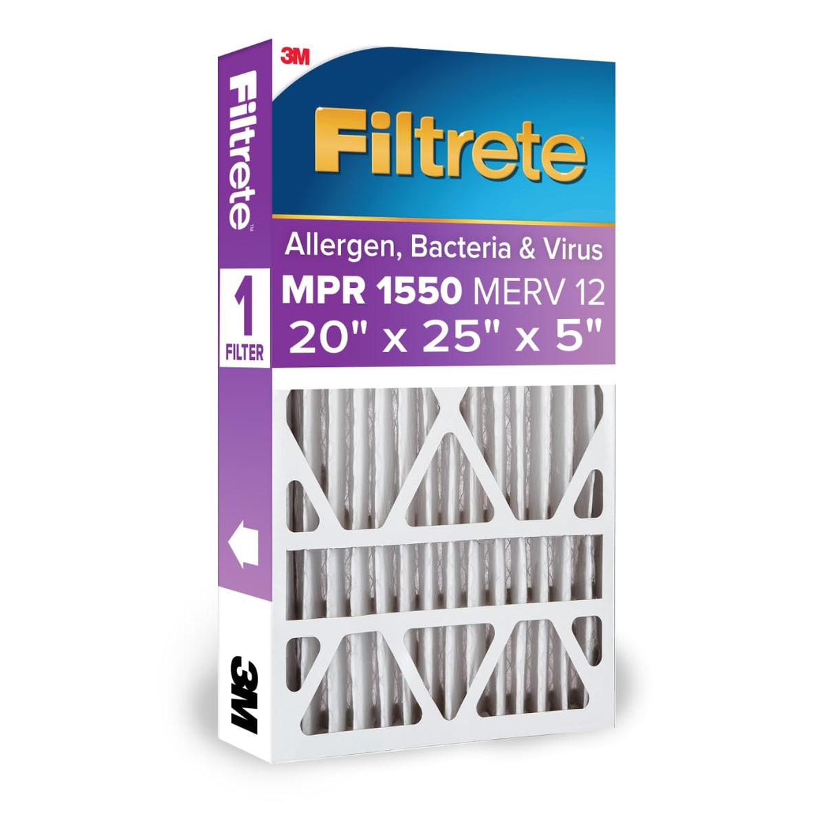 Filtrete 20x25x5 air filter packaging highlights MERV 12 and MPR 1550 for cleaner air.