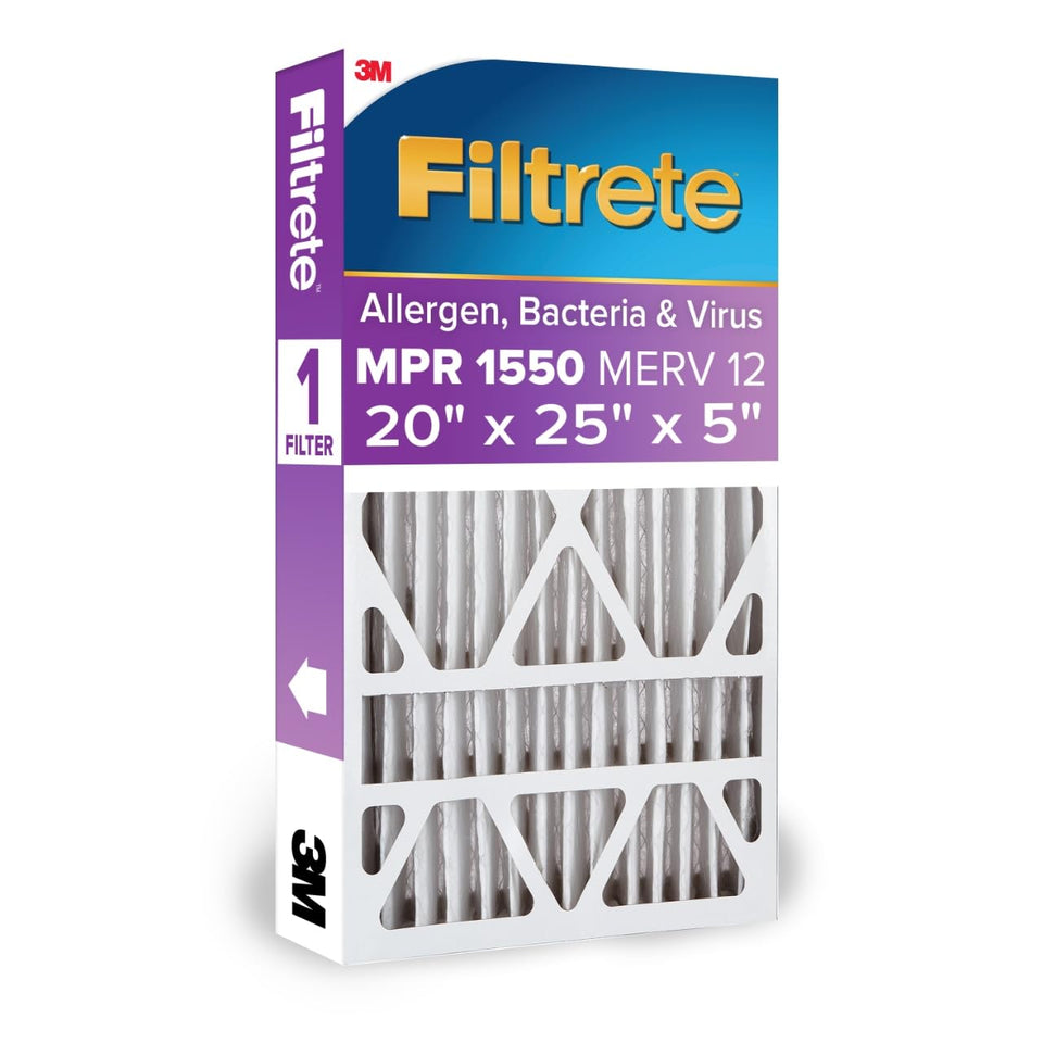 Filtrete 20x25x5 air filter packaging highlights MERV 12 and MPR 1550 for cleaner air.