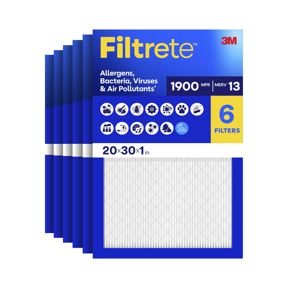 Filtrete 20x30x1 packaging showing six-pack for cleaner home air
