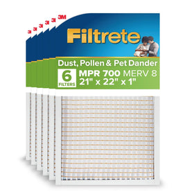 Filtrete 21x22x1 filter packaging showing a six-pack for cleaner air.