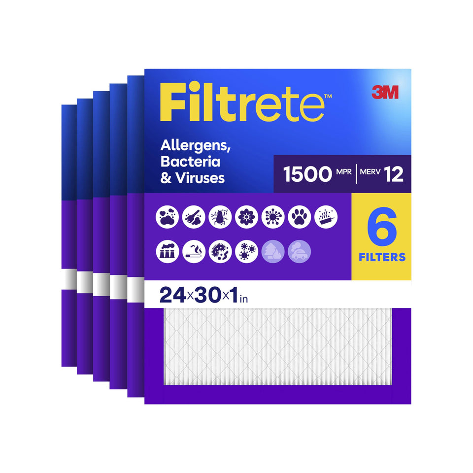 Filtrete 24x30x1 six-pack front view promotes cleaner indoor air for busy households.