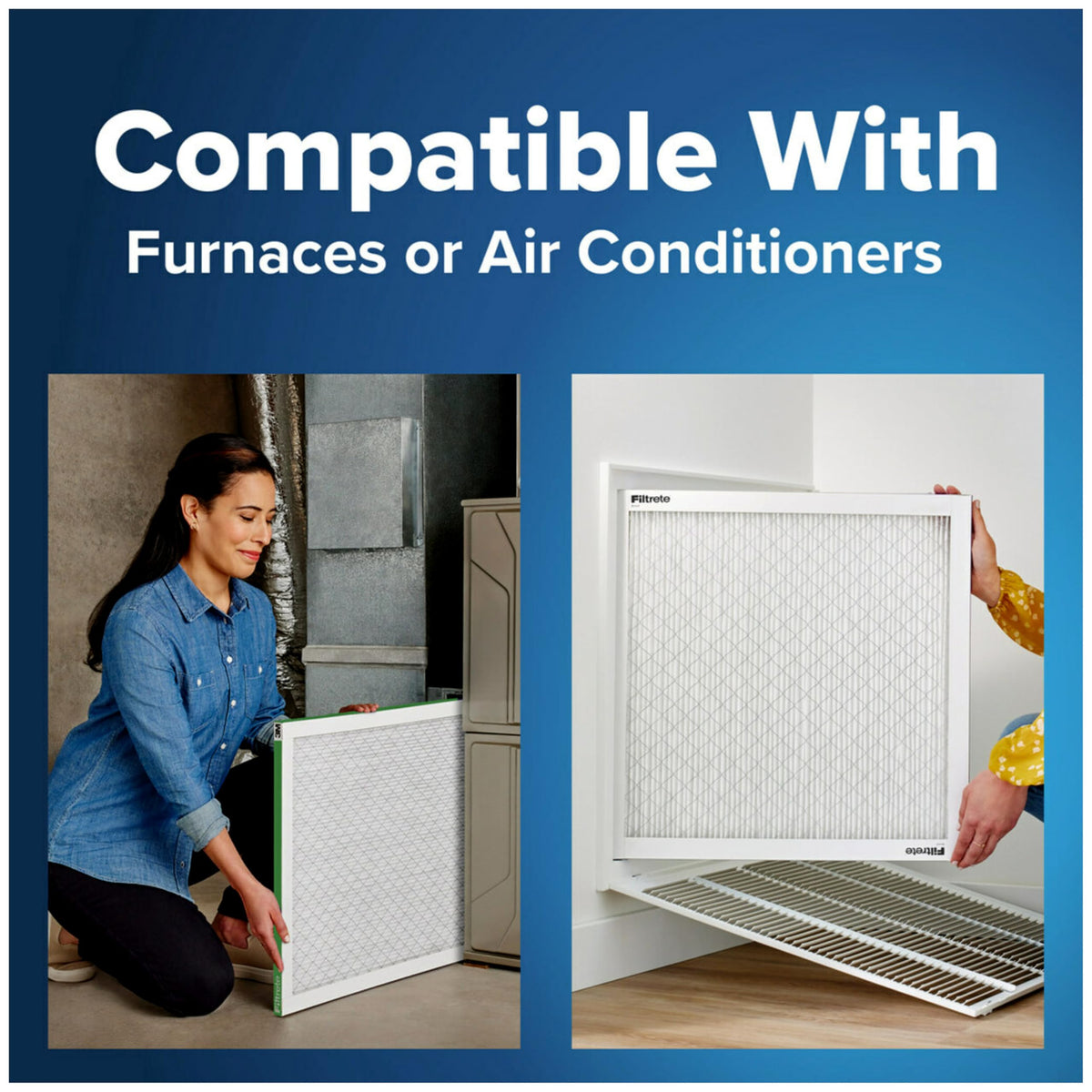 Filtrete 3-in-1 technology graphic explains particle capture and airflow.