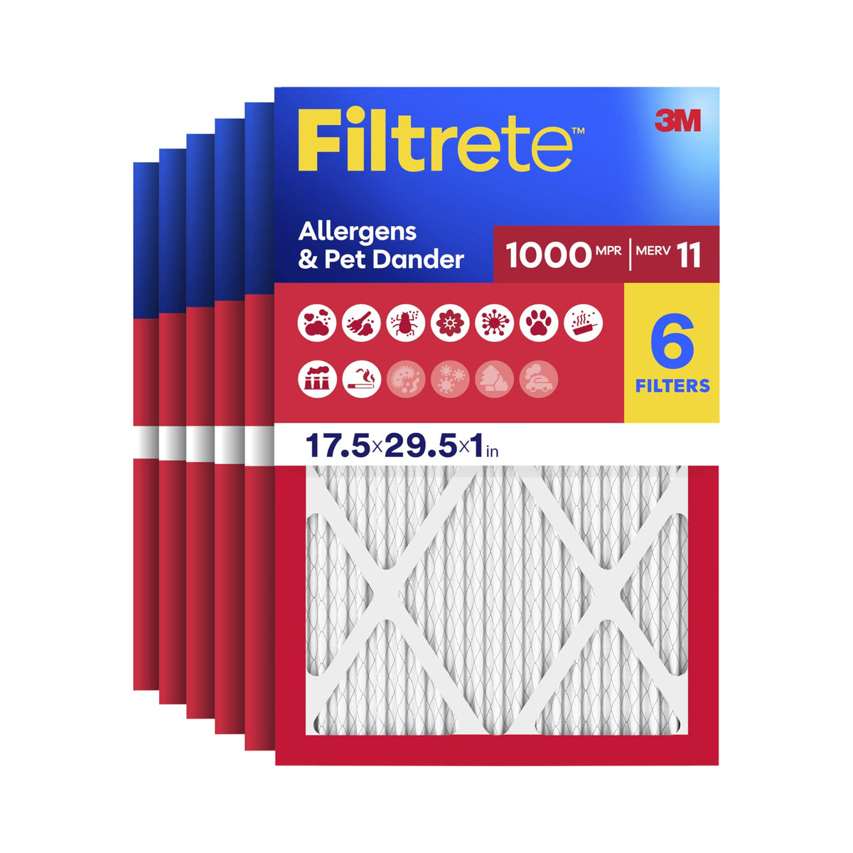 Filtrete six-pack pleated air filters in box for cleaner indoor air.