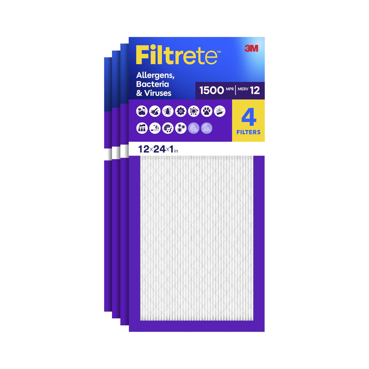 Filtrete 12x24x1 filter front view captures allergens for cleaner air.