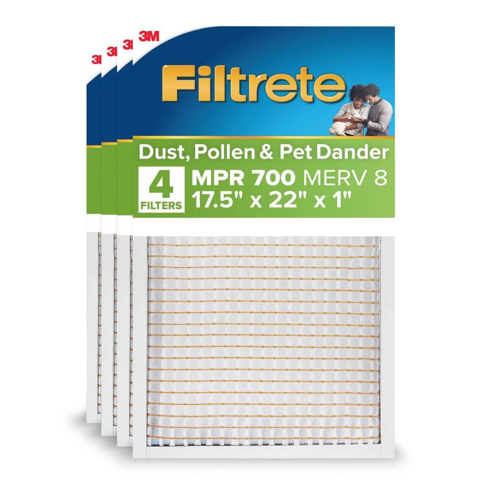 Filtrete pleated filter in packaging showing easy installation and 4-pack value.
