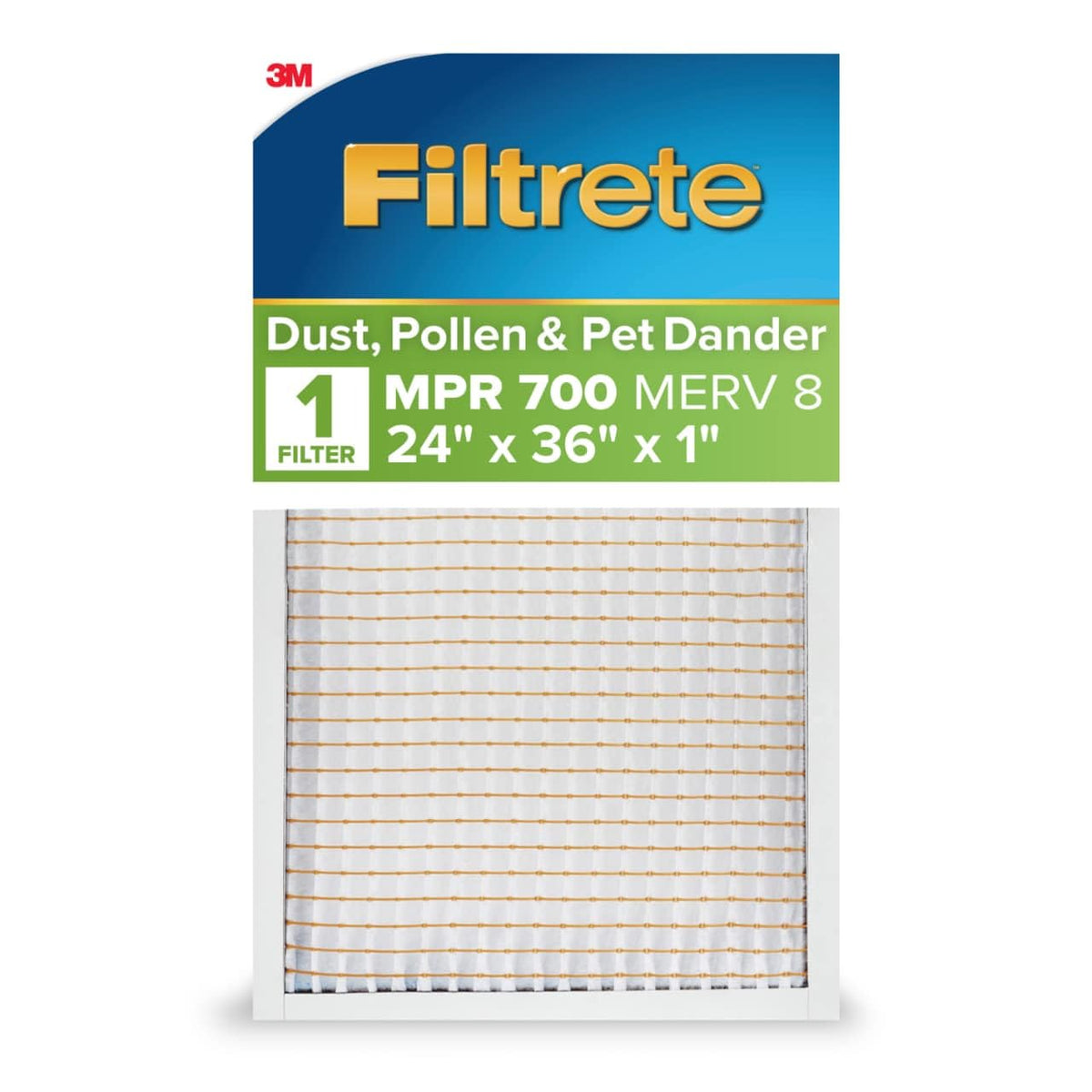 Filtrete pleated 1-inch filter front view capturing pollen and dust.