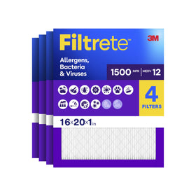 Filtrete four-pack packaging highlights MERV 12 and MPR 1500 for cleaner air